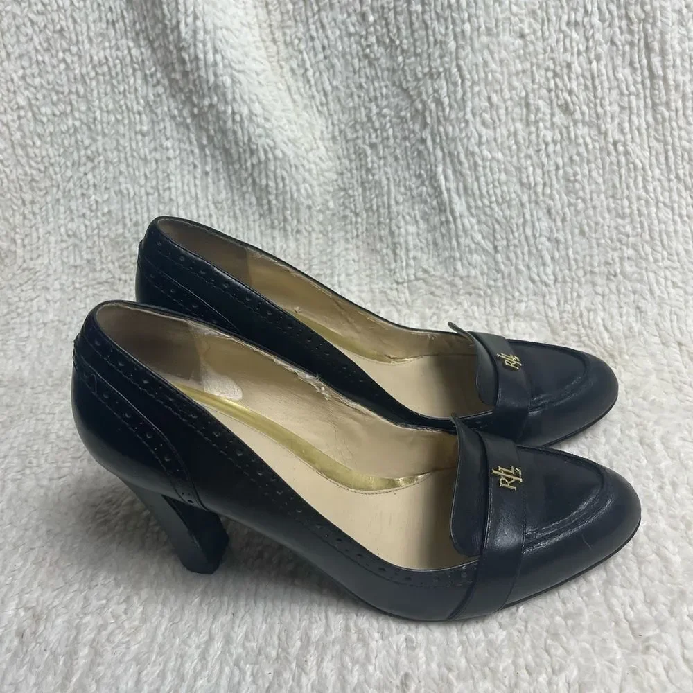 Lauren Ralph Lauren Classic Leather Black Heels gold tone logo accent SZ10M